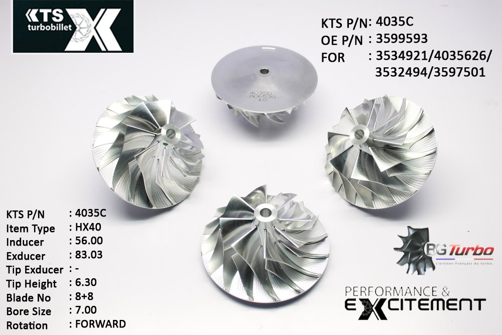 Turbo ROUE FORGÉE MFS PERFORMANCE - 8+8 PALES - INDUCER : 56 - EXDUCER : 83,03 - TYPE : HX40ANGLE : 60° - ROTATION : Forward - SUPER BACK : 5,01 - BORE SIZE : 7
